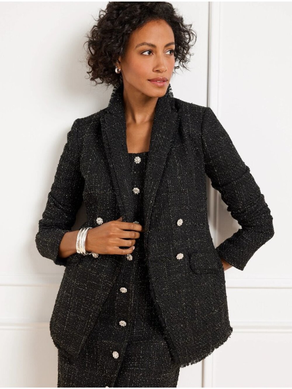 Talbots $250 Metallic Fringe Tweed Double Breasted Blazer Black Rhinestone Work